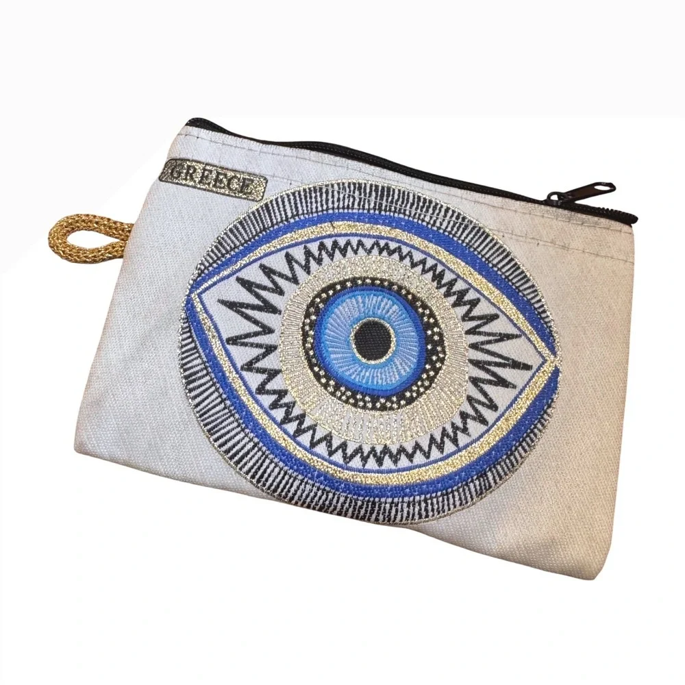 Greek Evil Eye Embroidered Canvas Pouch Zippered‎ Makeup Bag White Gold Blue